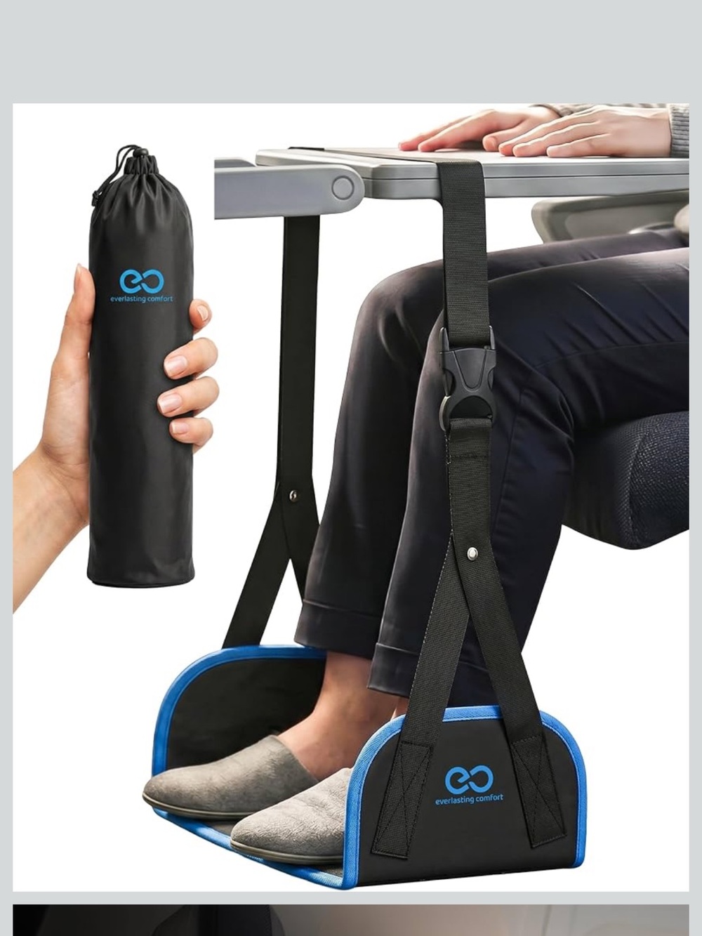NEW Everlasting Comfort Airplane Foot Hammock Travel Footrest Black